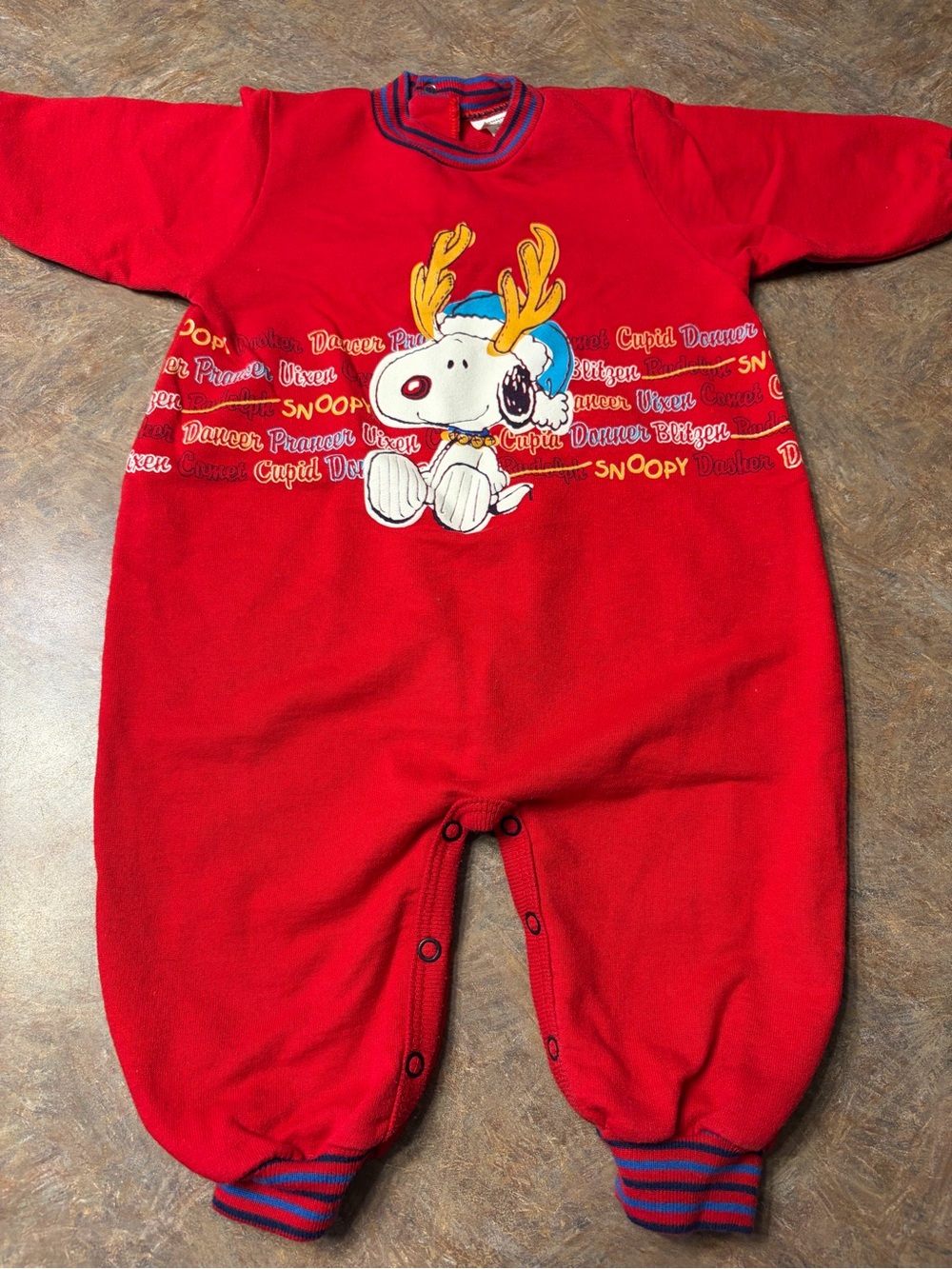 VTG Snoopy Peanuts Christmas Reindeer Baby Romper One Piece Red 12 MOS Made USA